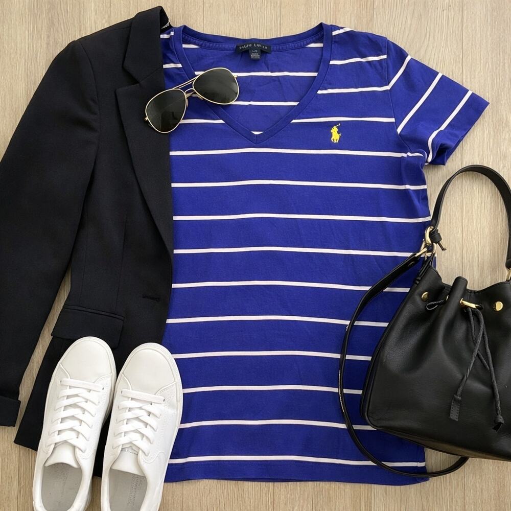 Polo Ralph Lauren Blue White Striped V Neck Tee Yellow Pony L Preppy